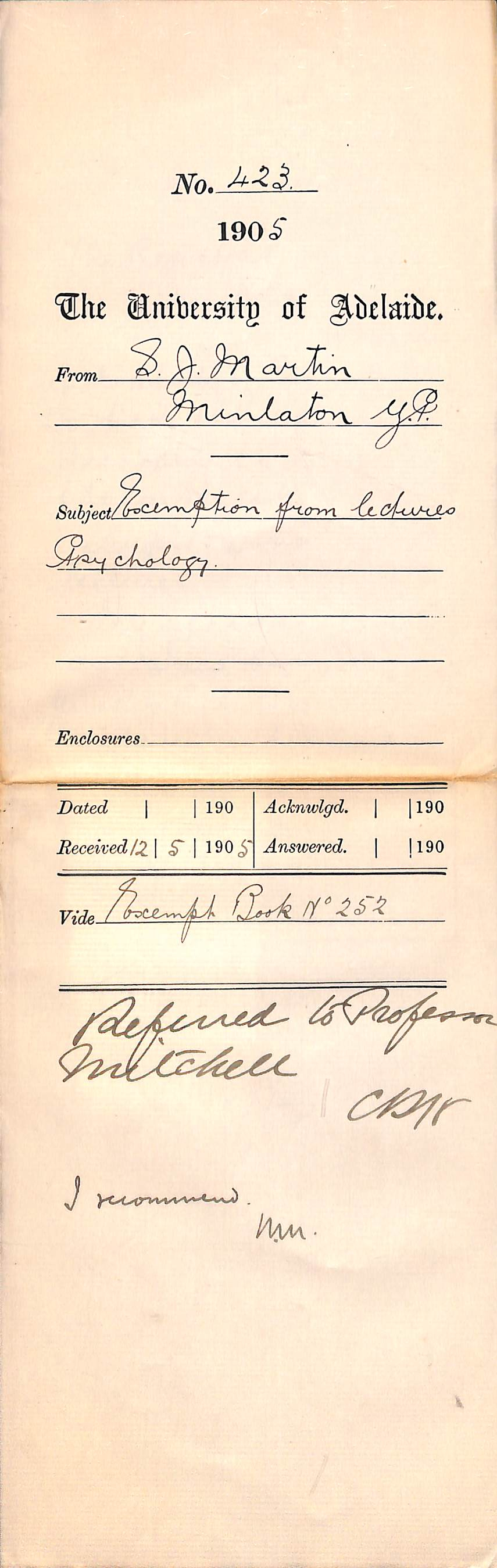 Exemption from lectures Psychology - Martin