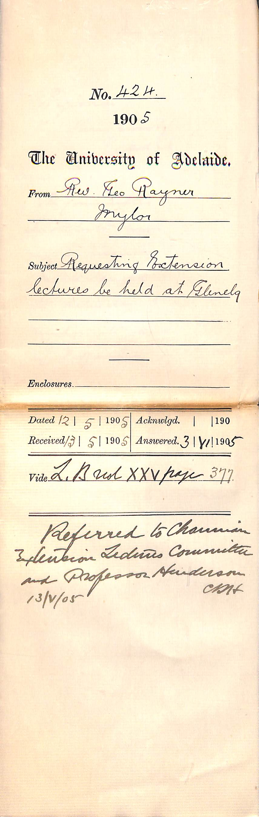 Requesting Extension Lectures be held at Glenelg