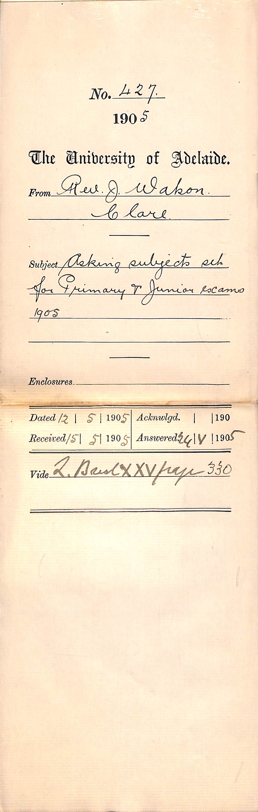 Asking subjects set for Primary and Junior Exams 1905