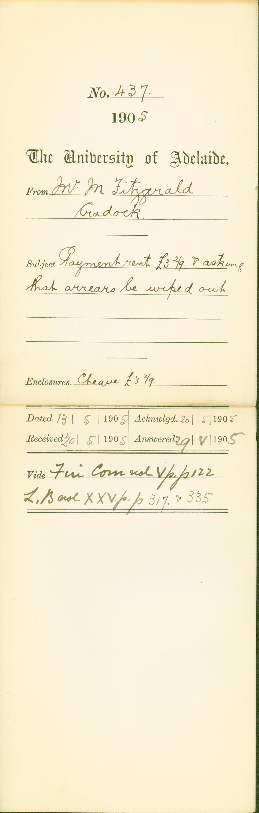 Payment rent pound 3-2-9 and asking that arrears be wiped out