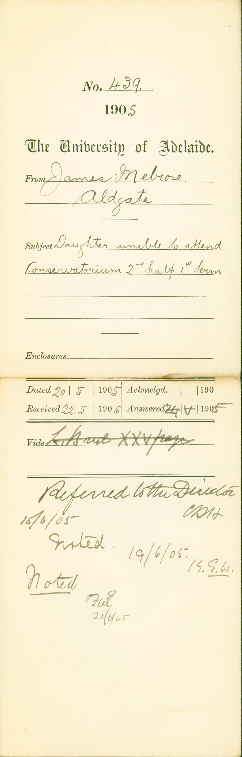 Daughter unable to attend Conservatorium 2nd half 1st Term