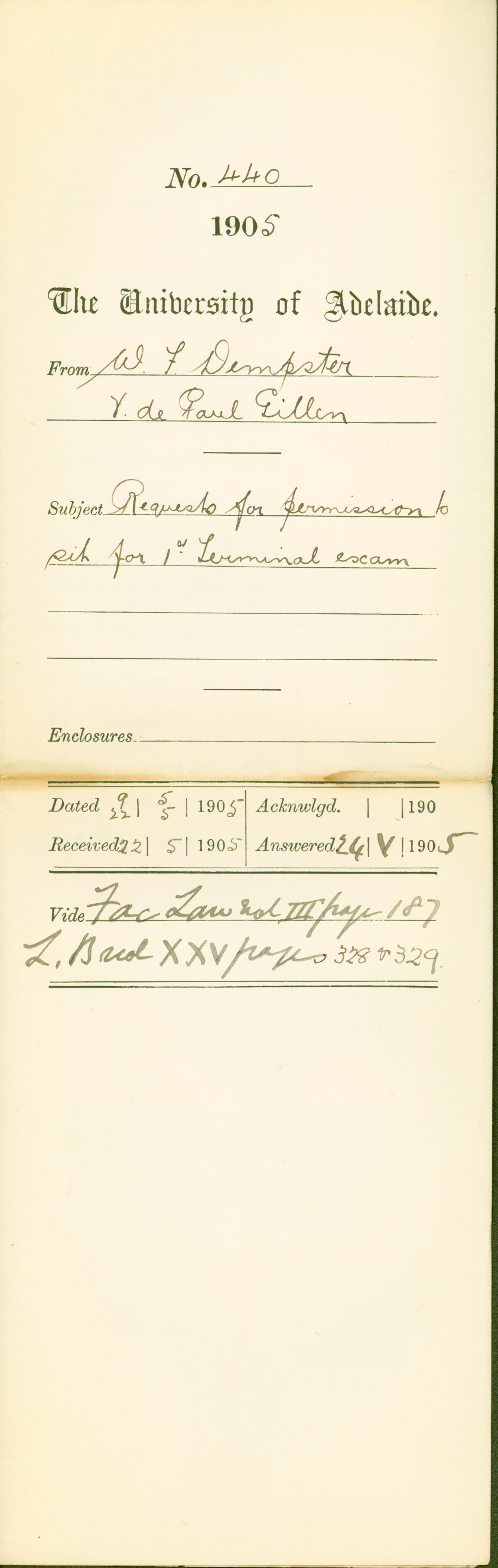 Request for permission to sit for 1st Terminal Exam