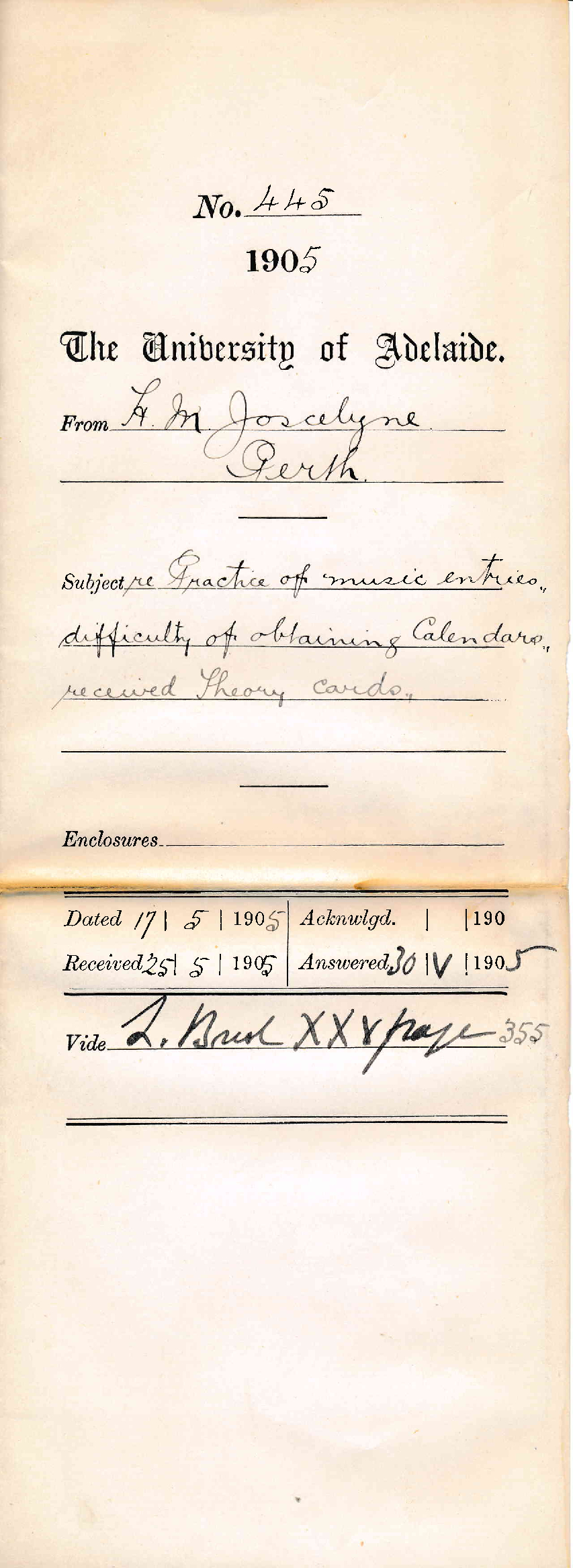 Practice of Music Entries - Difficulty of obtaining Calendars - Received Theory cards