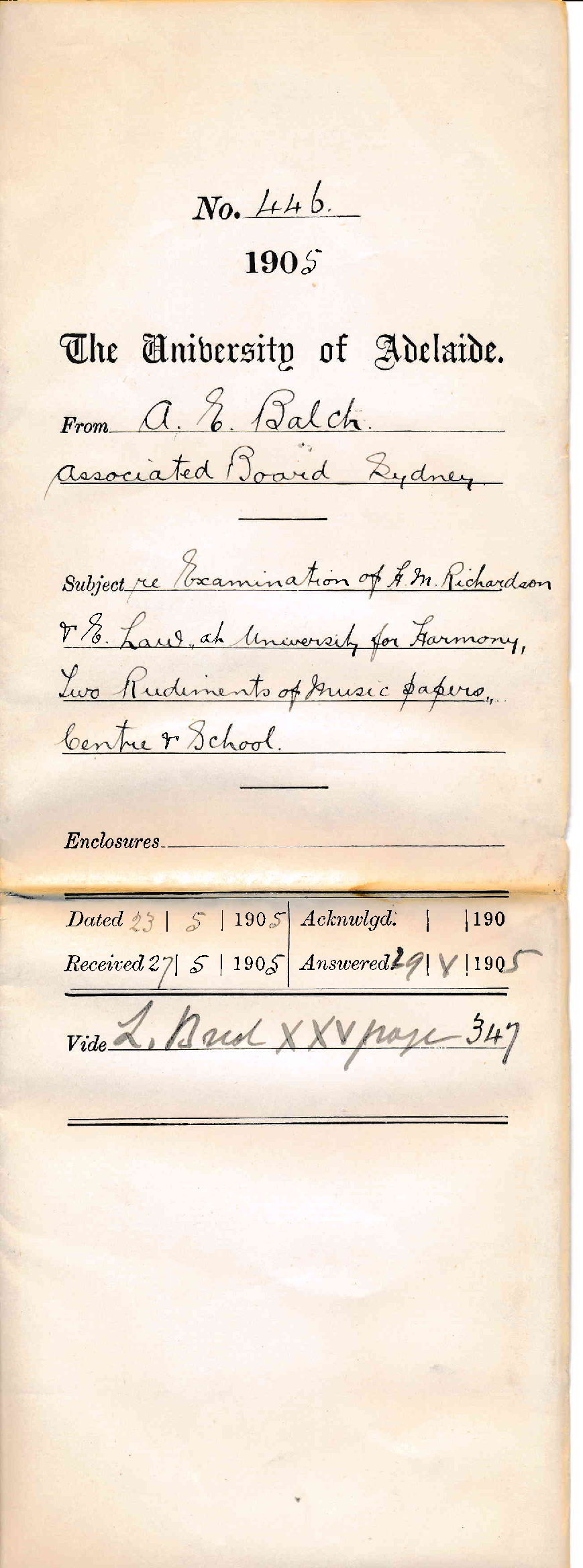 Examination of H M Richardson and E Law at University for Harmony Two Rudi