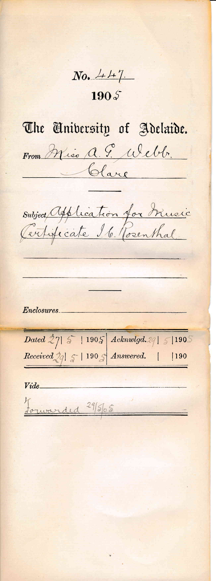 Application for Music Certificate I C Rosenthal