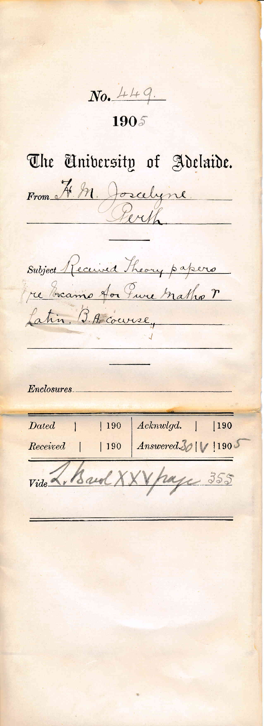 Received Theory papers re Exams for Pure Maths and Latin BA Course