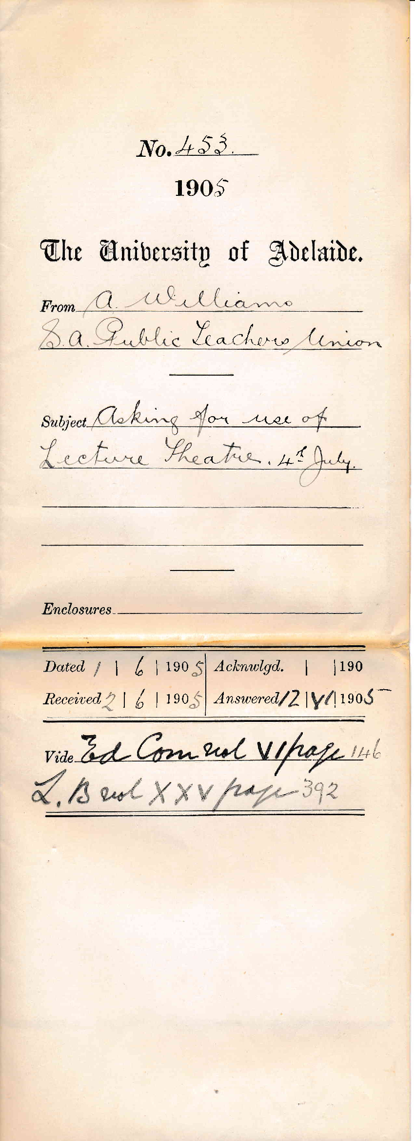 Asking for use of Lecture Theatre 4th July