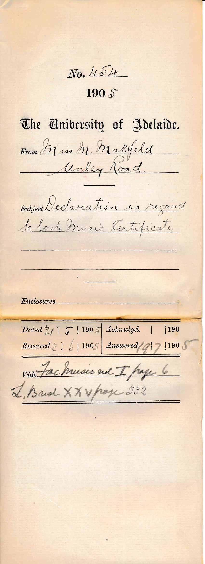 Declaration in regard to lost Music Certificate