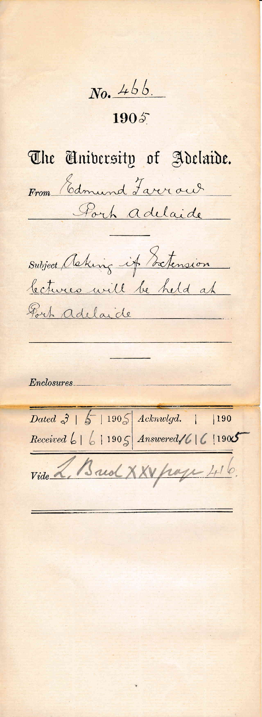 Asking if Extension Lectures will be held at Port Adelaide