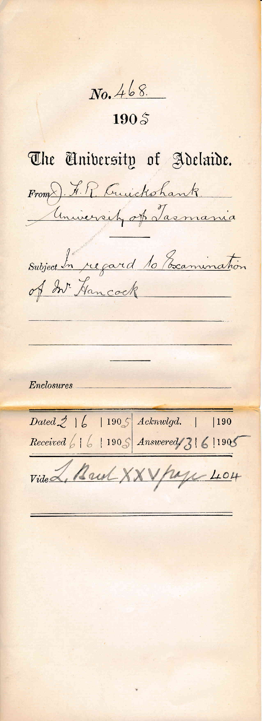 In regard to Examination of Mr Hancock