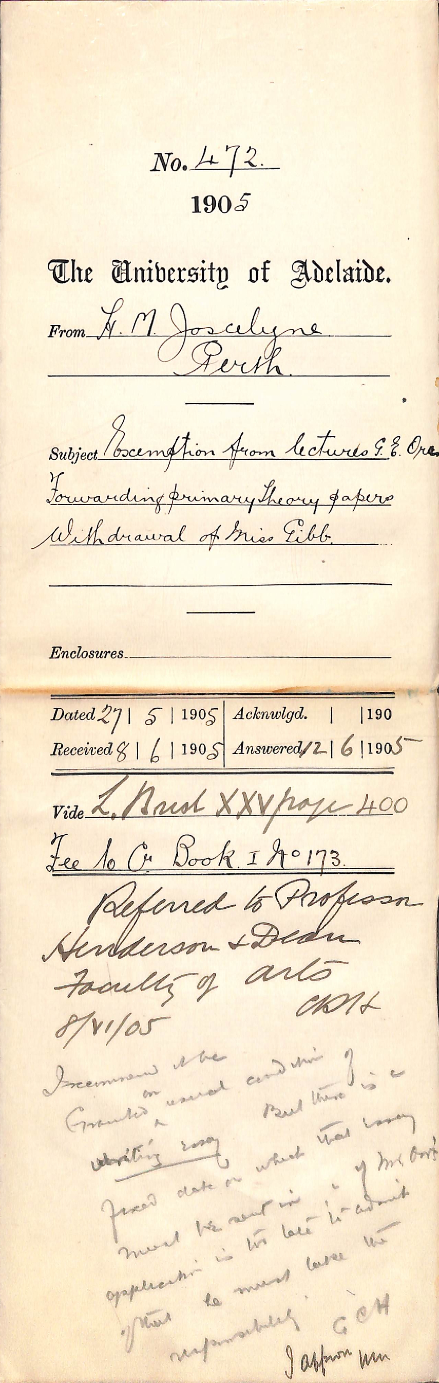 Exemption from lectures G E Orr Forwarding Primary Theory papers Withdrawal of Miss Gibb