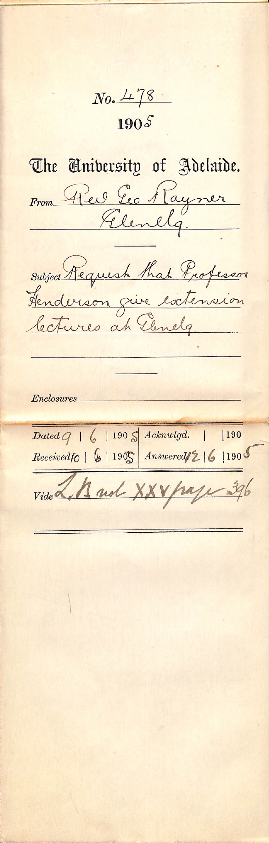 Request that Professor Henderson give Extension Lectures at Glenelg