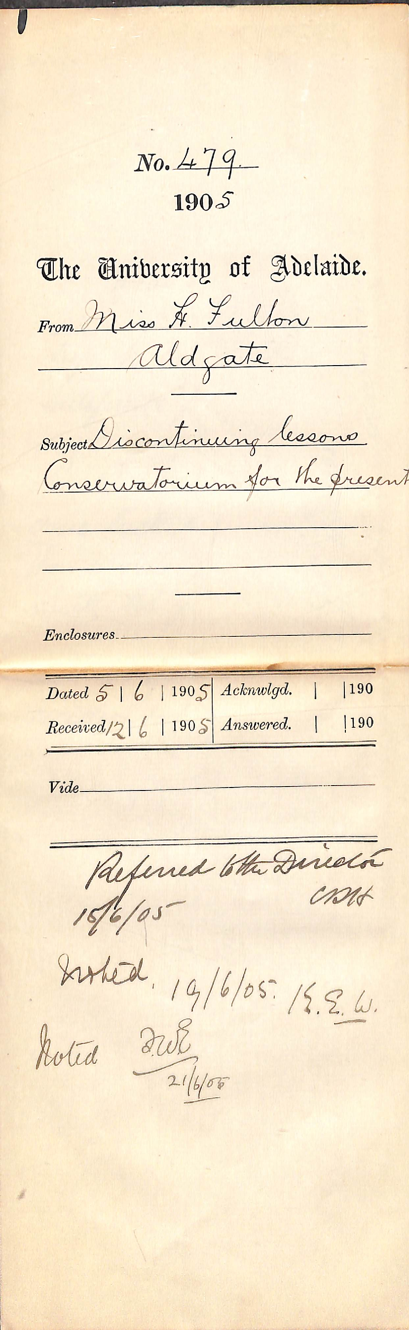 Discontinuing lessons Conservatorium for the present