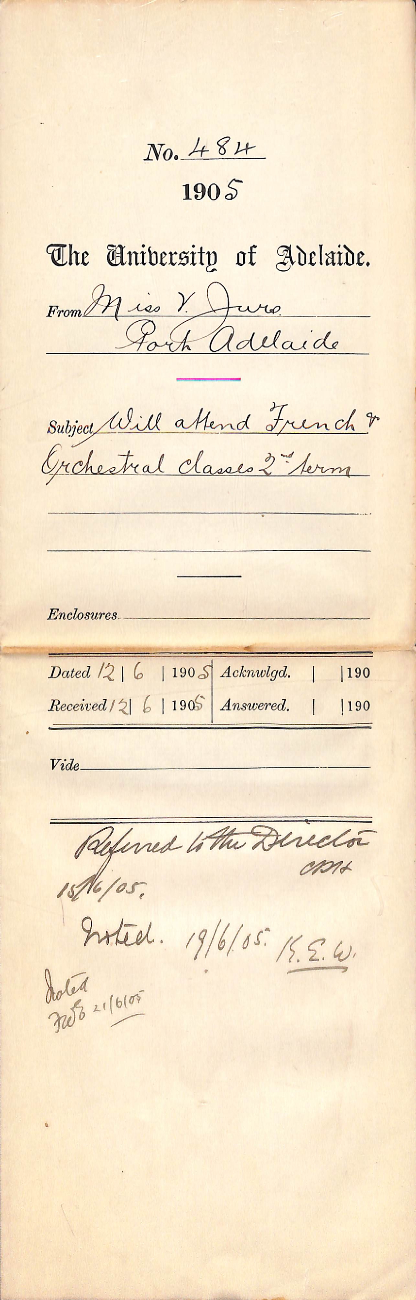 Will attend French and Orchestral Classes 2nd Term