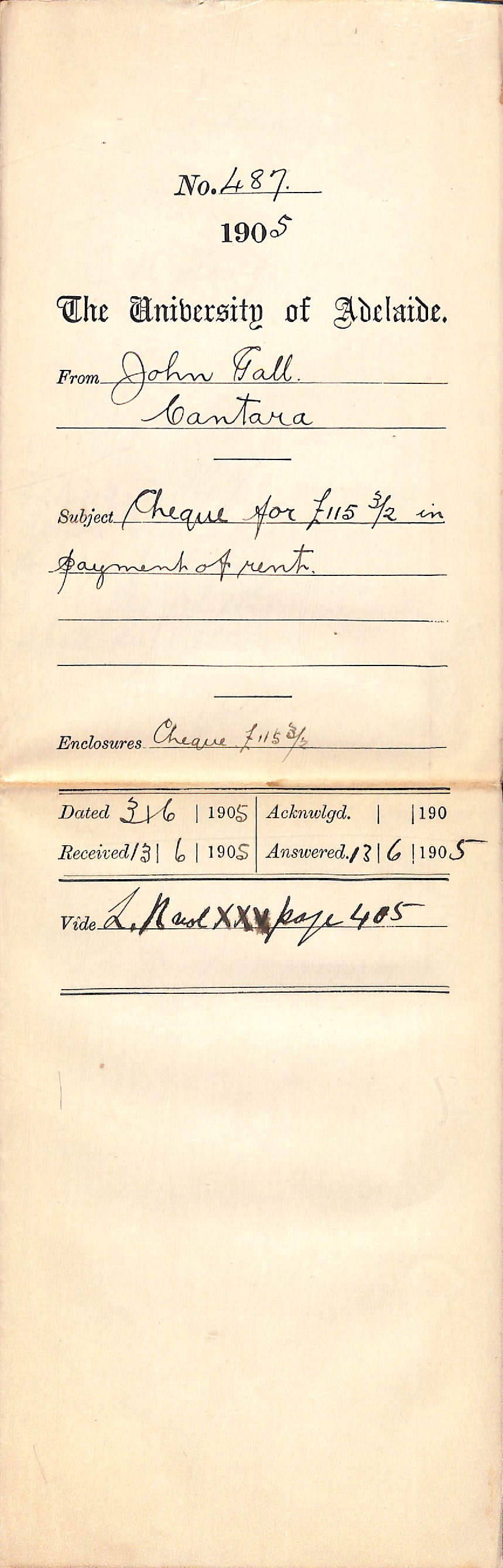 Cheque for 115-3-2 pounds in payment of rent