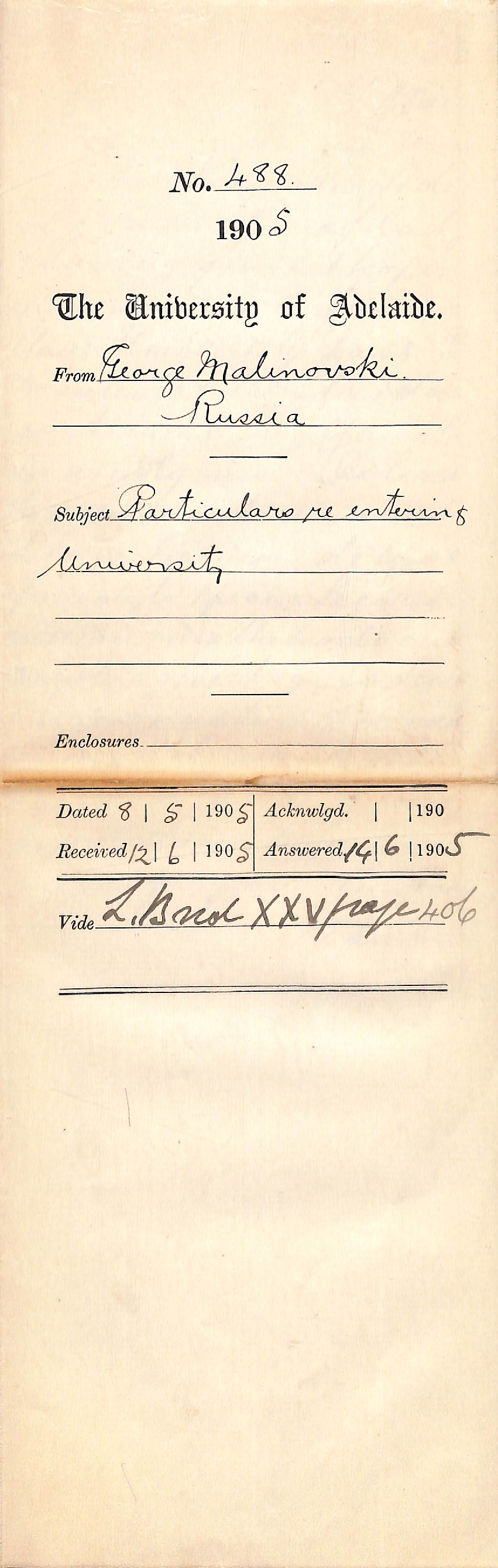 Particulars re entering University