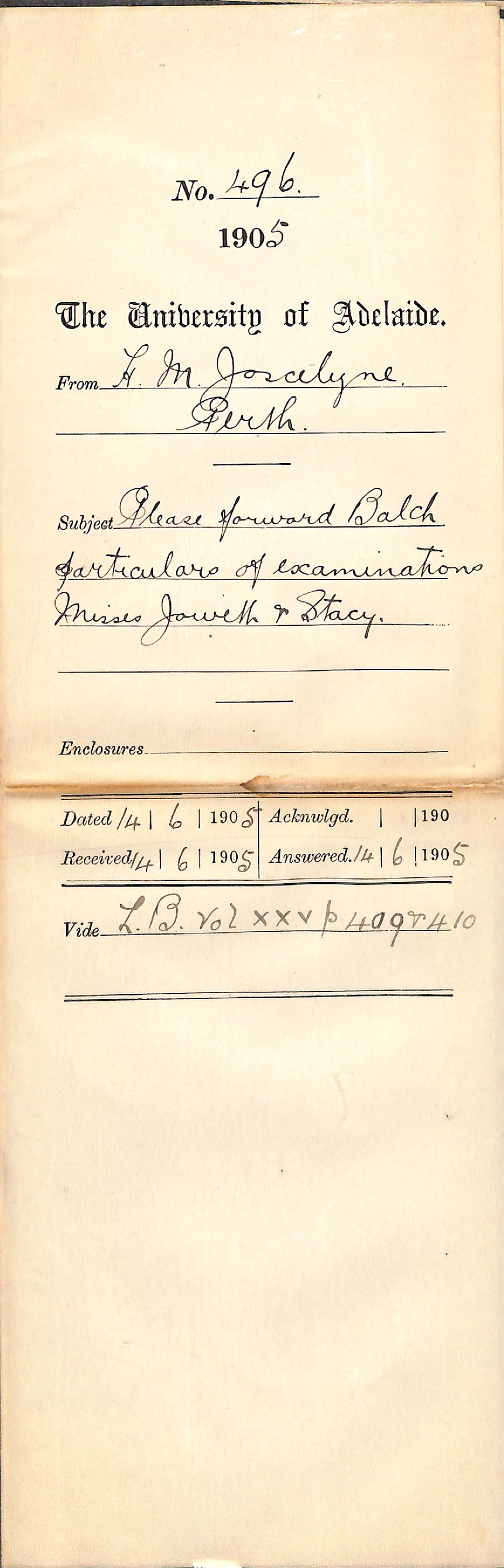 Please forward Balch particulars of Examinations Misses Jowett and Stacy