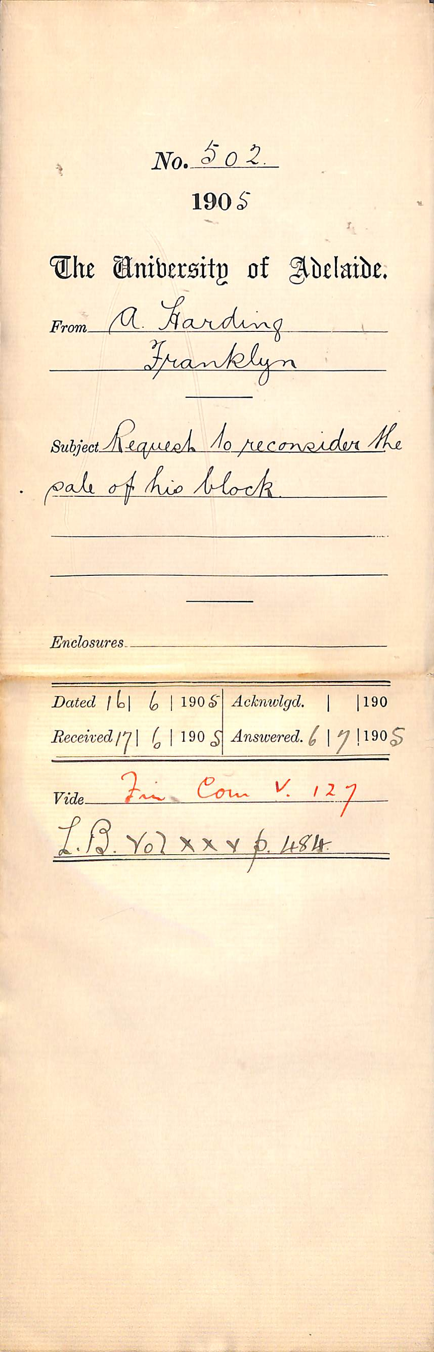 Request to reconsider the sale of his Block