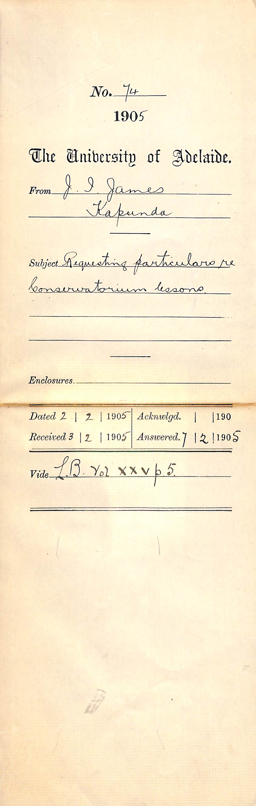 Requesting particulars re Conservatorium lessons