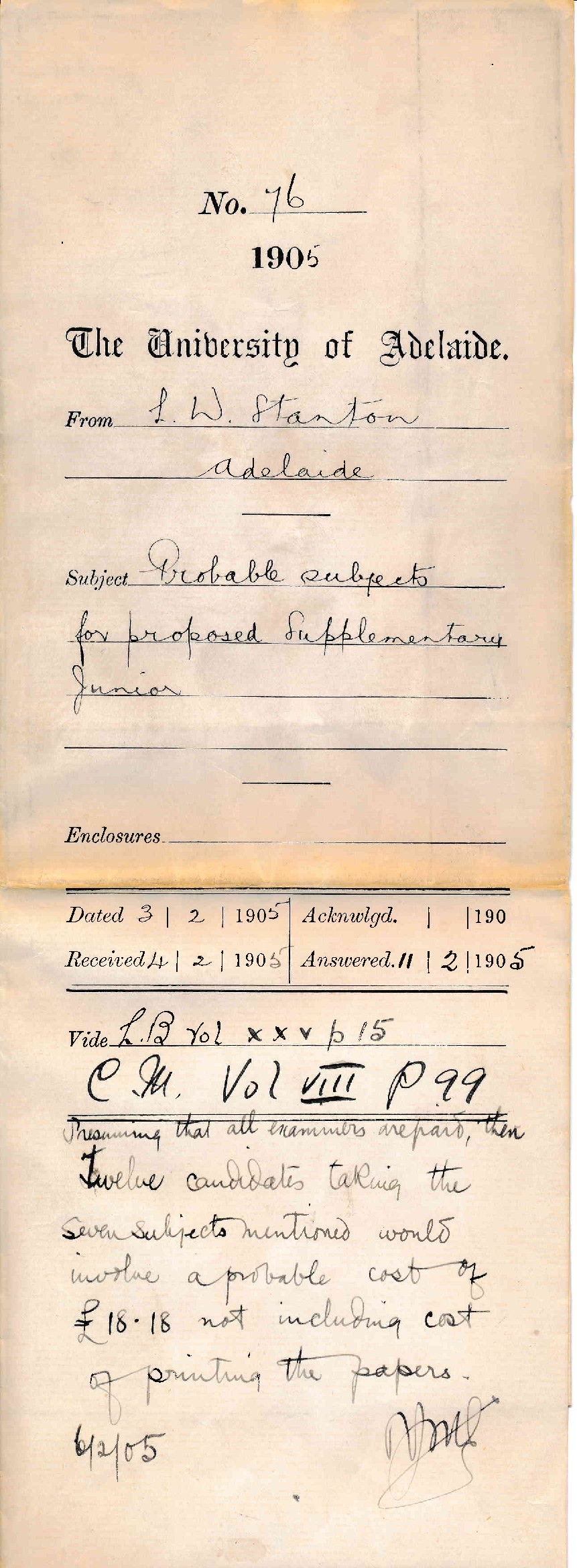 Probable subjects for proposed Supplementary Junior