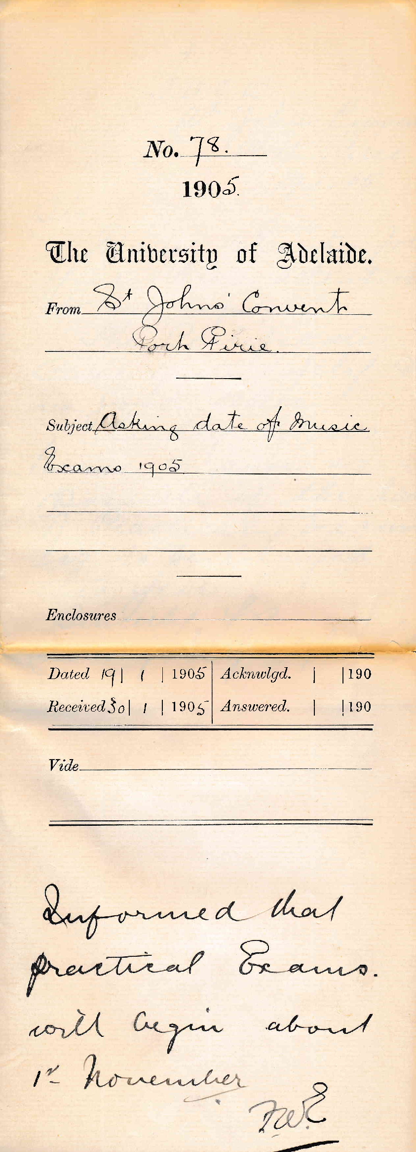 Asking date of Music Exams 1905