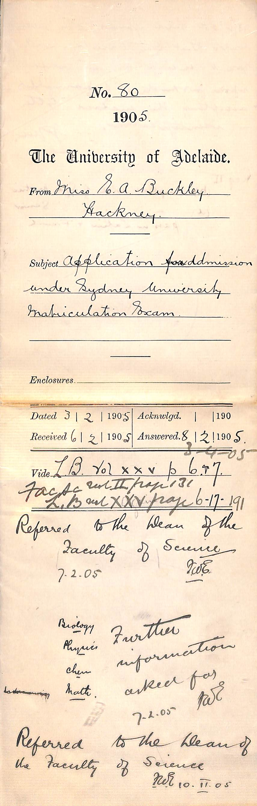 Application for admission under Sydney University Matriculation Exam