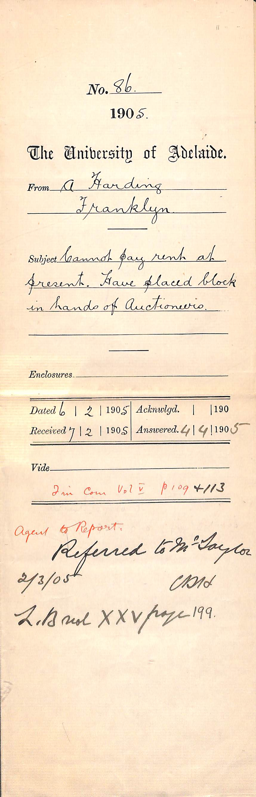 Cannot pay rent at present - Have placed block in hands of Auctioneers