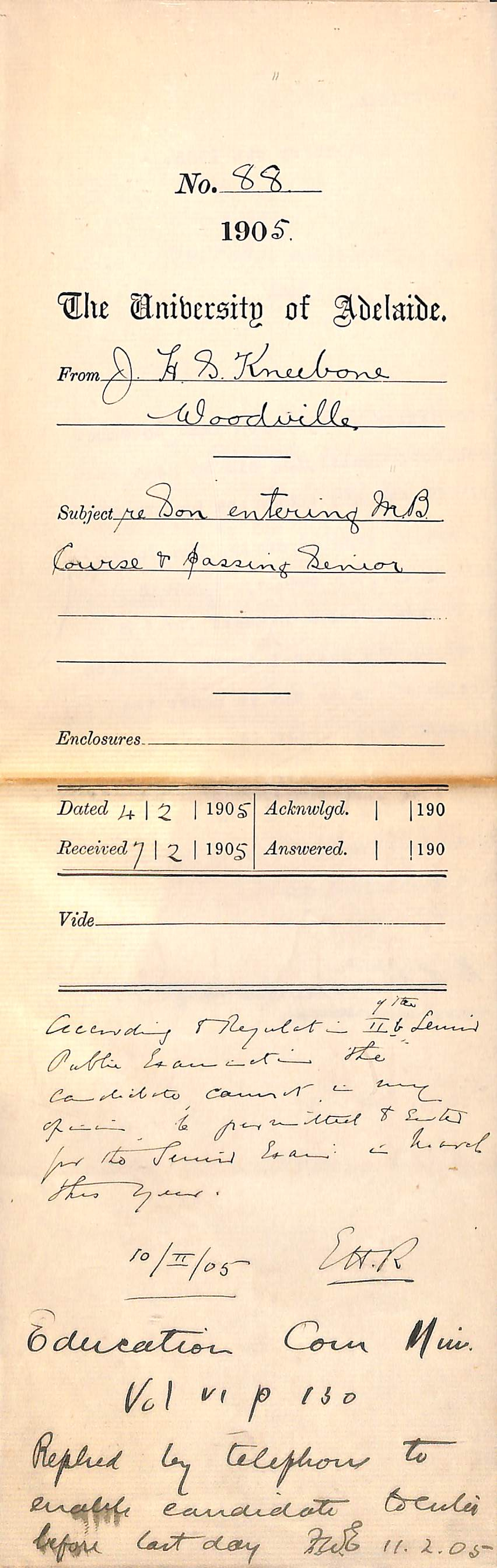 Re son entering M B Course passing Senior