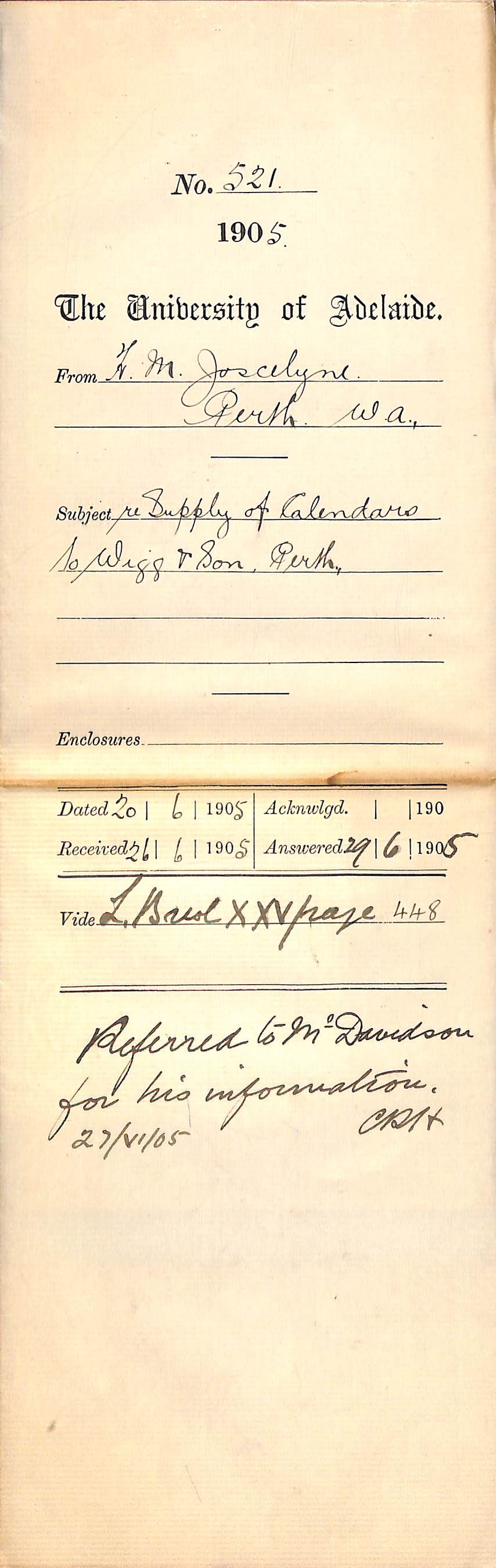 Supply of Calendars to Wigg and Son Perth