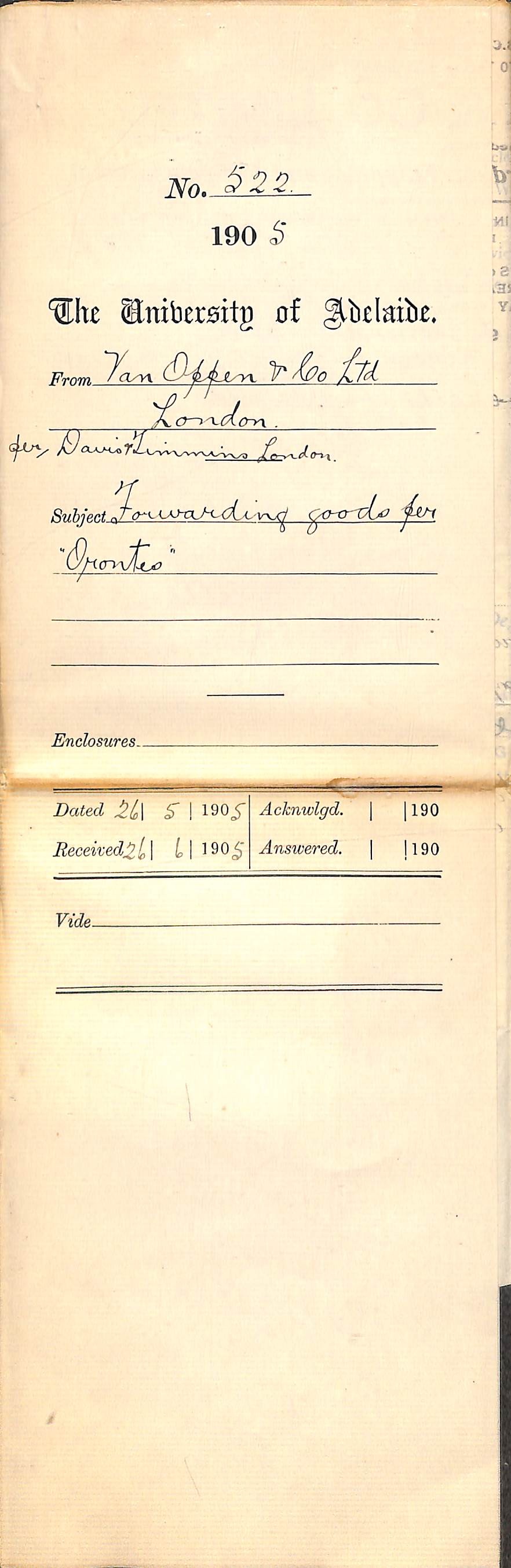 Forwarding goods per Orontes