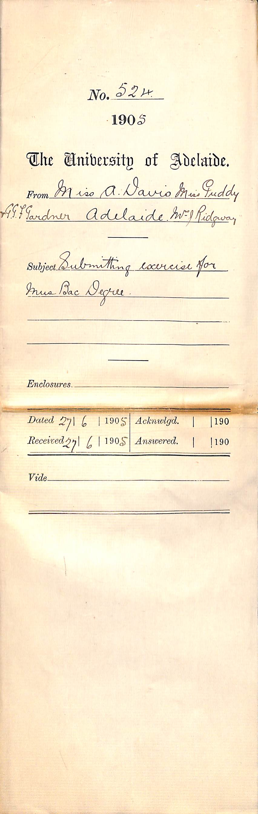 Submitting exercise for Mus Bac Degree - 1905