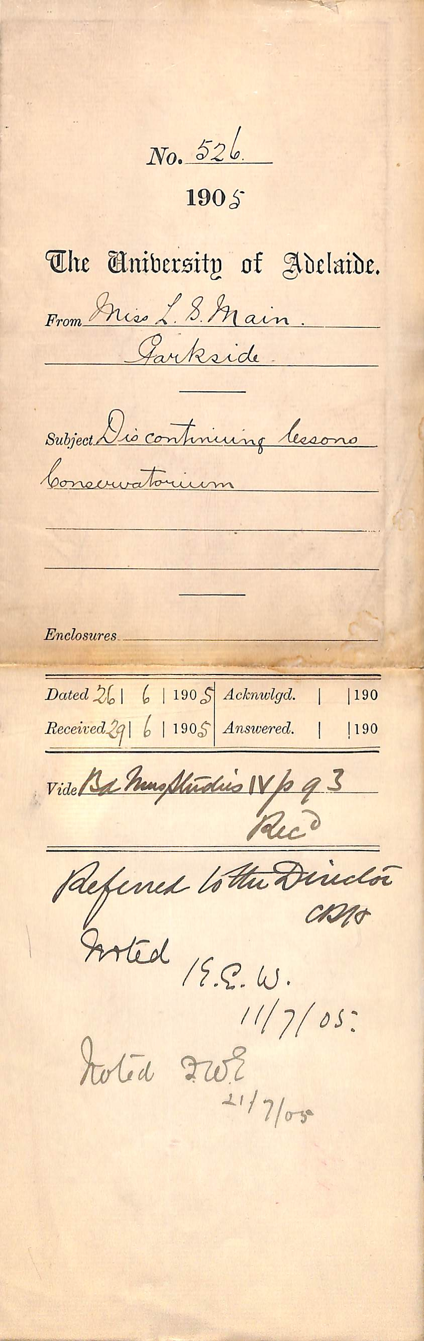 Discontinuing lessons Conservatorium - Main - 1905