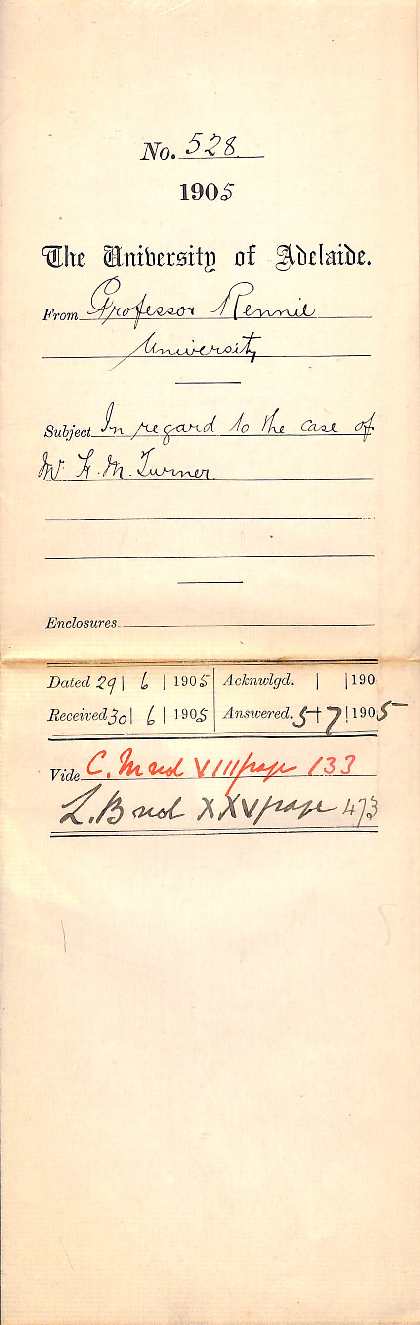 In regard to the Case of Mr H M Turner