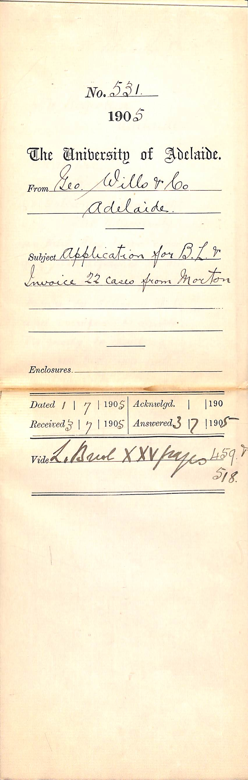 Application for Bill of Lading - Invoice 22 Cases from Morton