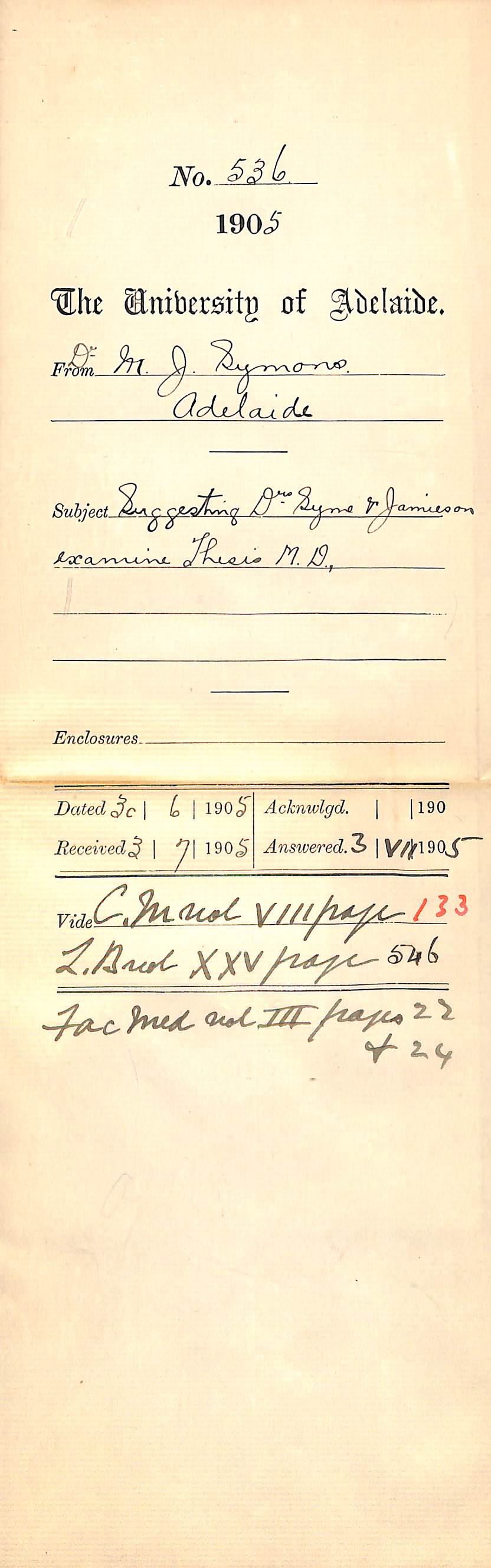 Suggesting Drs Syme and Jamieson Examine Thesis MD