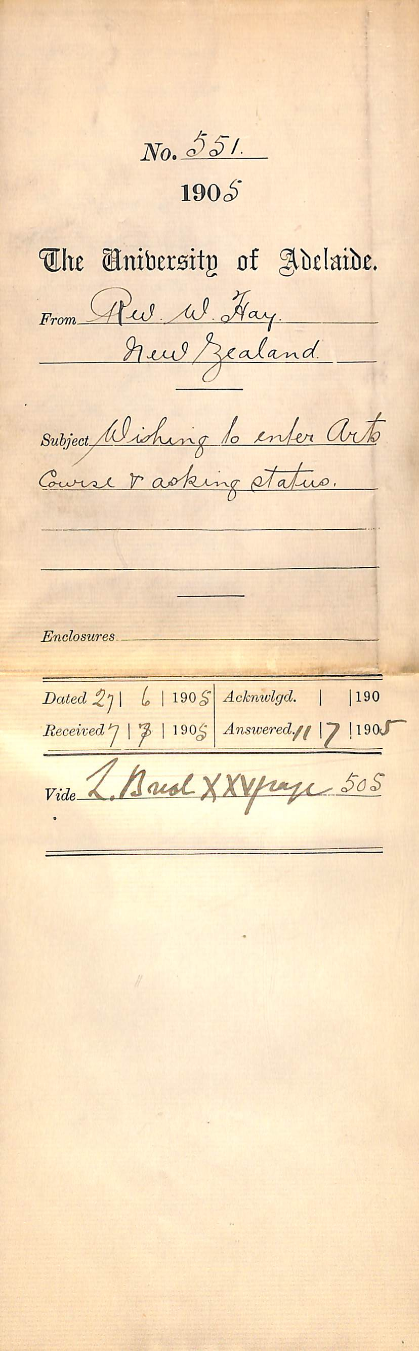 Wishing to enter Arts Course and asking status