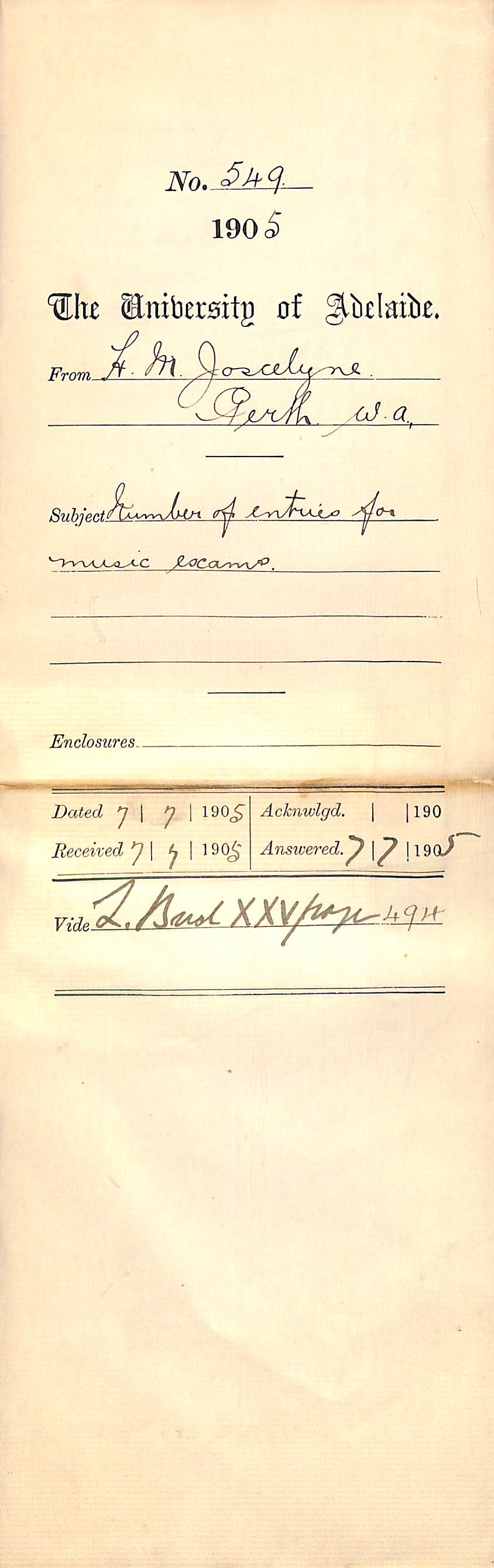 Number of Entries for Music Exams - 1905