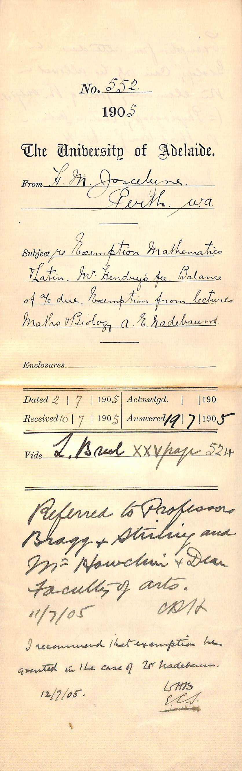 Exemption Mathematics and Latin - Mr Hendry's fee Balance of Account due, etc