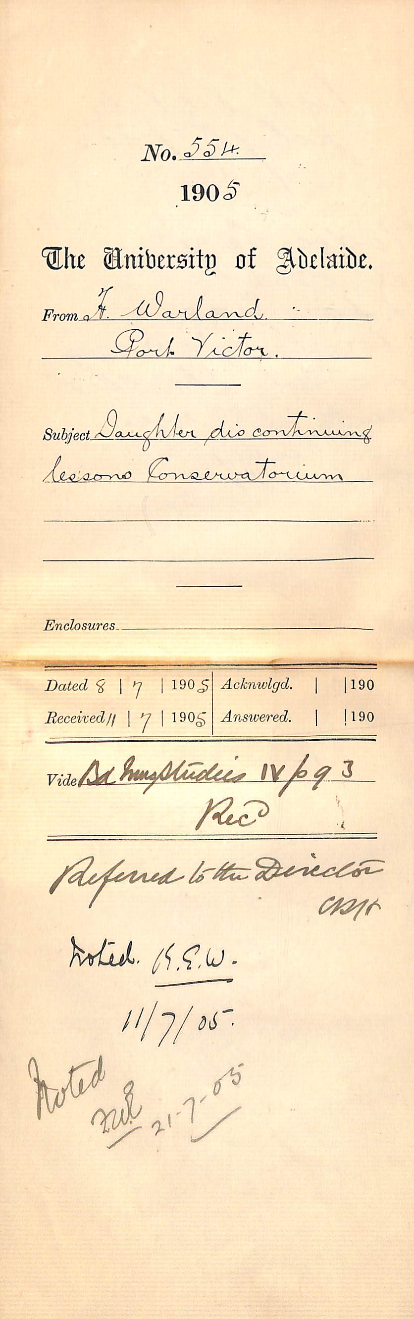 Daughter discontinuing lessons Conservatorium - Warland