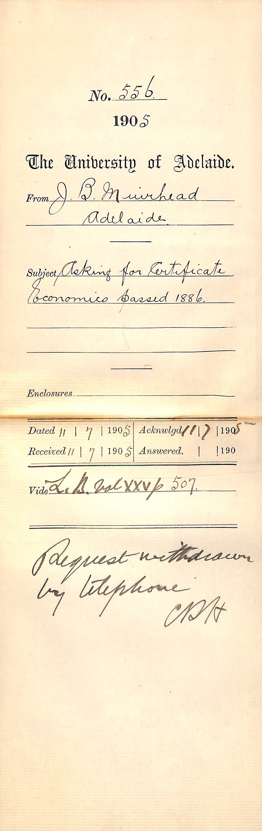 Asking for Certificate Economics passed 1886