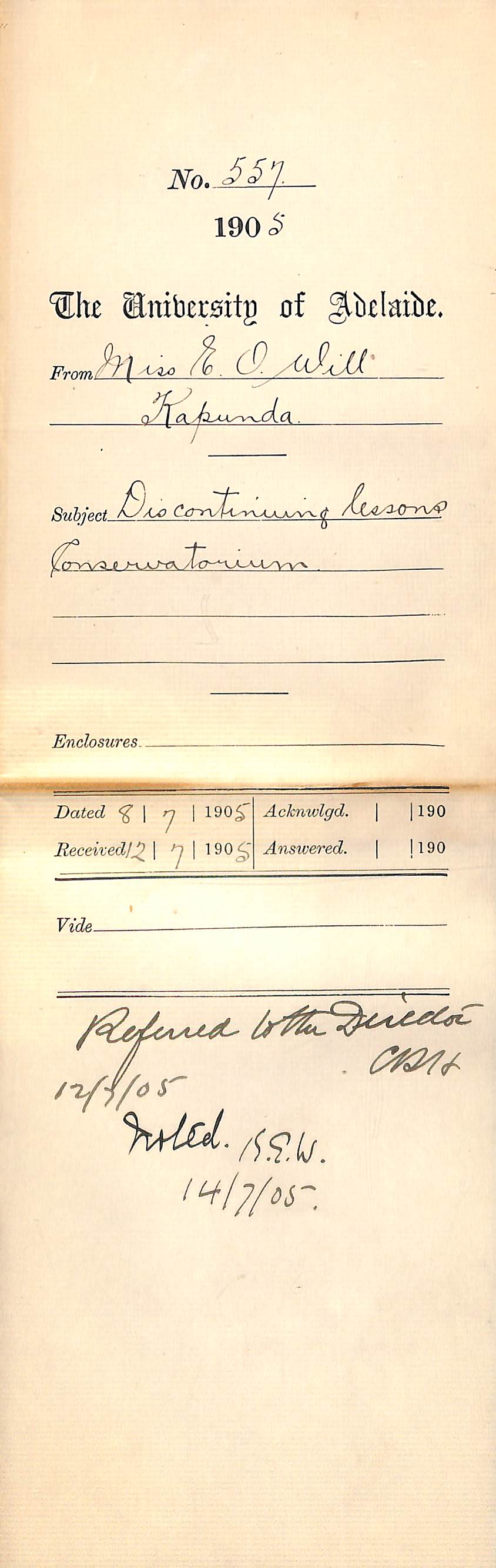 Discontinuing lessons Conservatorium - Will - 1905