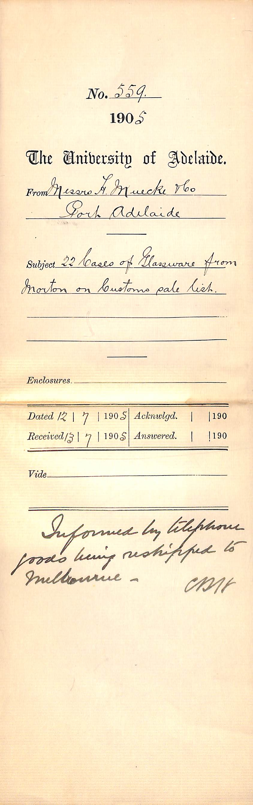 22 Cases of Glassware from Morton on Customs sale list