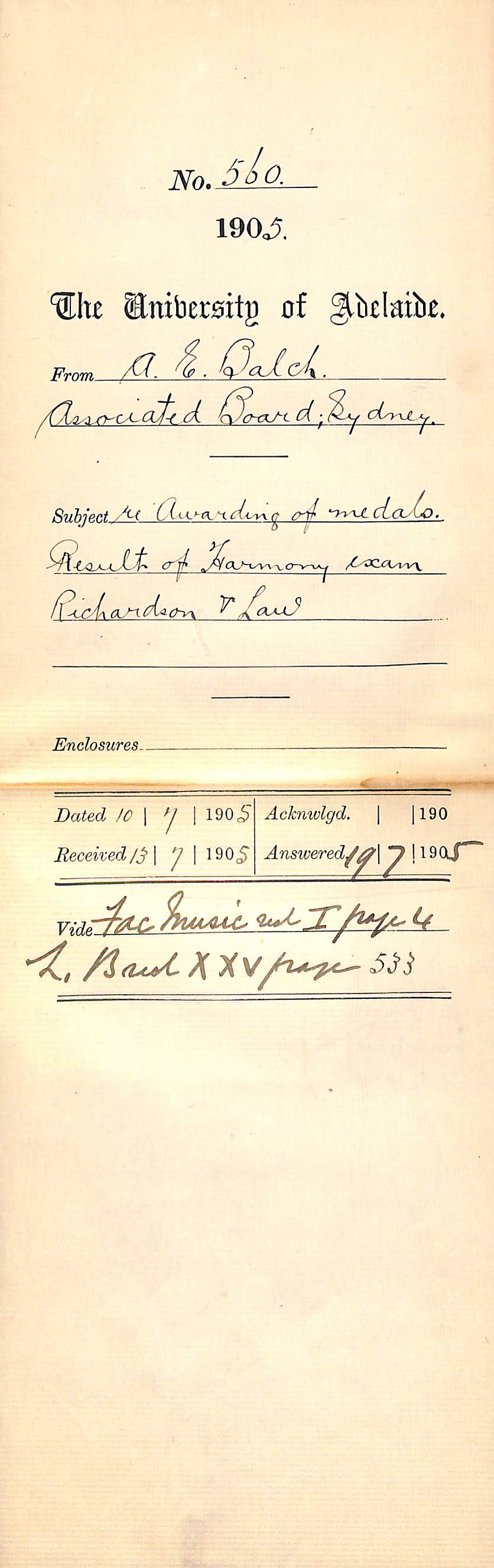 Awarding of Medals Result of Harmony Exam Richardson &amp; Law