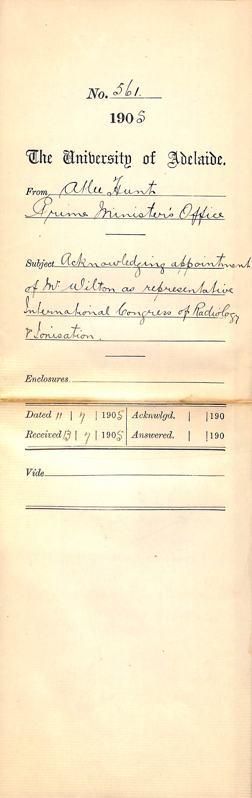 Acknowledging appointment of Mr Wilton International Congress of Radiology etc