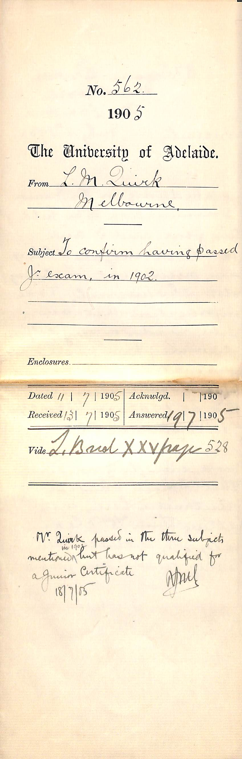 To confirm having passed Junior Exam in 1902