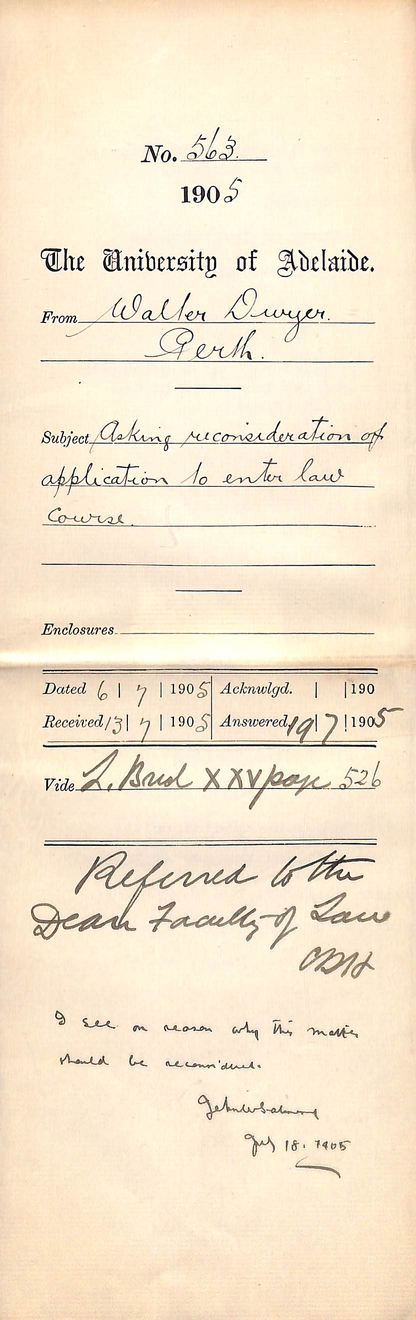 Asking reconsideration of application to enter Law Course