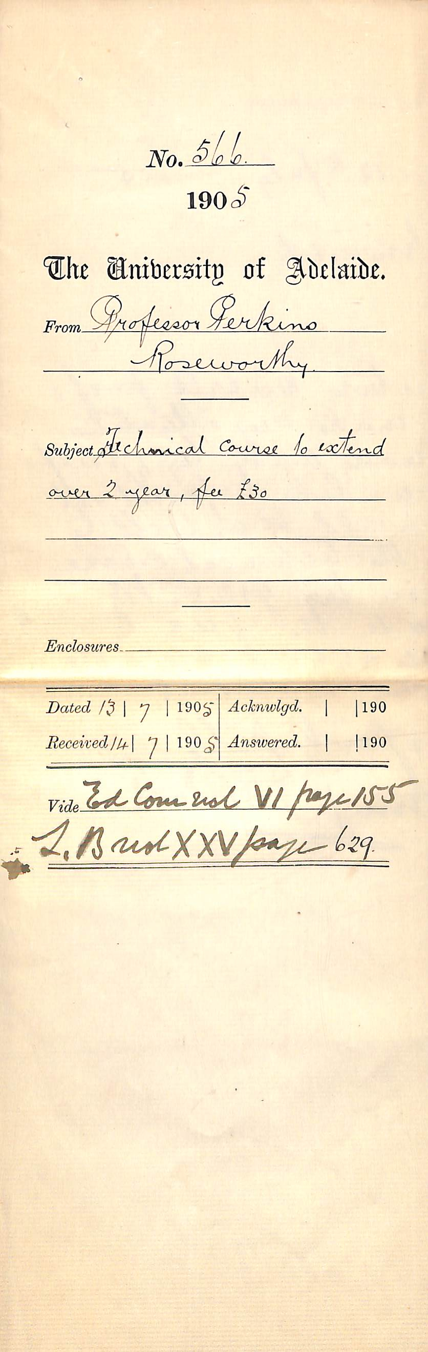 Technical Course to extend over 2 Years Fee &pound;30