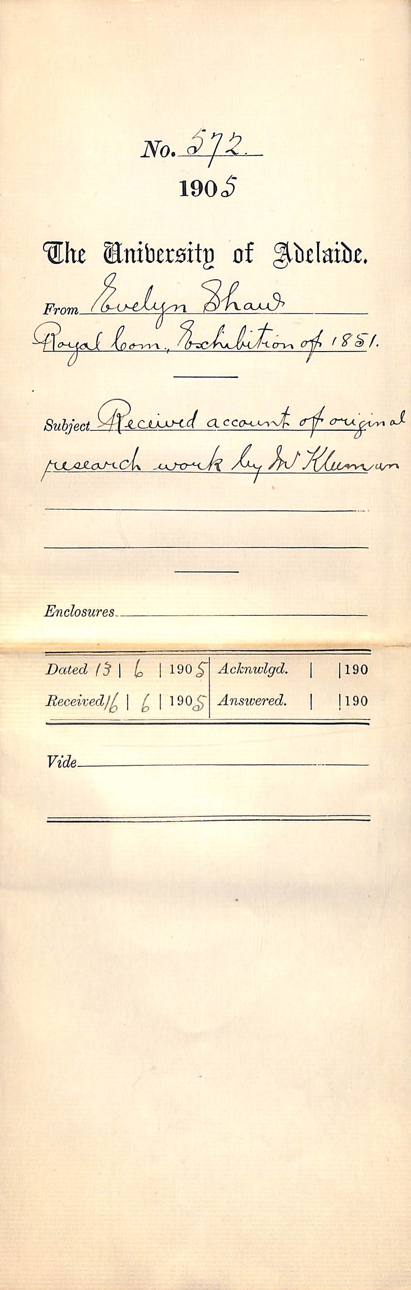 Received account of Original Research Work by Mr Kleeman