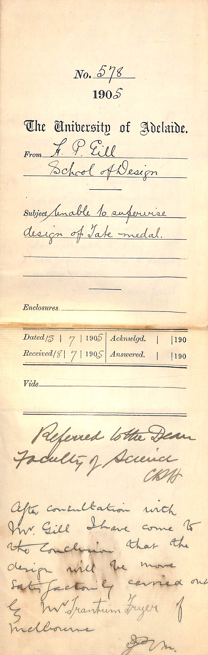 Unable to supervise design of Tate Medal