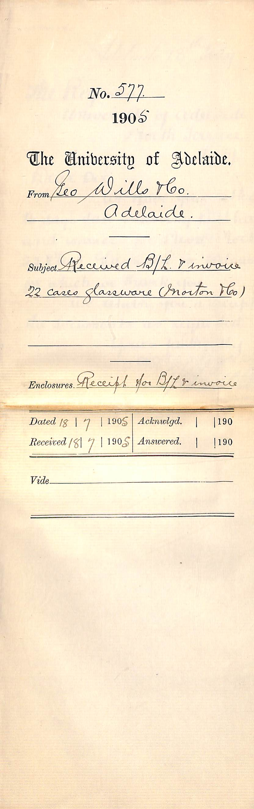 Received Bill of Lading - Invoice 22 Cases Glassware Morton &amp; Company